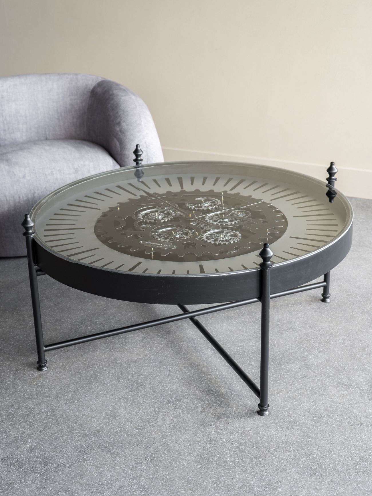 Palladium Black & Glass Moving Dials Clock Coffee Table